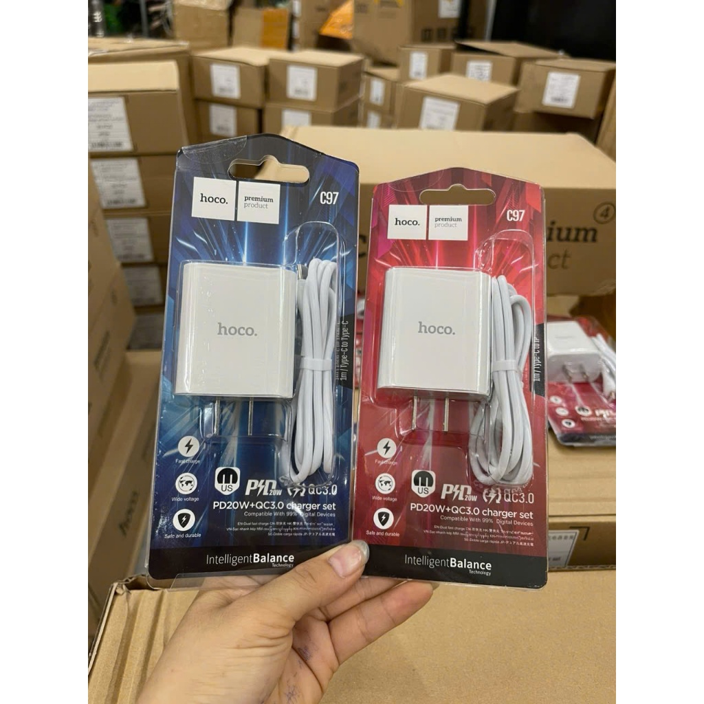 Bộ Sạc Nhanh HOCO C97 20W 2 Cổng USB + Type-C Kèm Cáp Type-C to Lightning / Type-C to Type-C