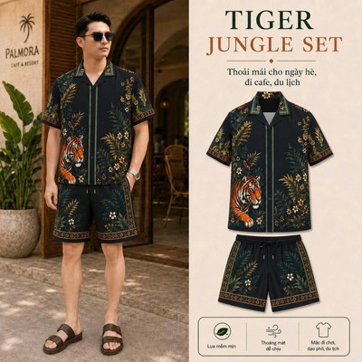 Set Bộ lụa Nam Tiger Jungle MKCLEVER chất lụa mịn mát, thoáng mát, co giãn, form dáng thoải mái, trẻ trung