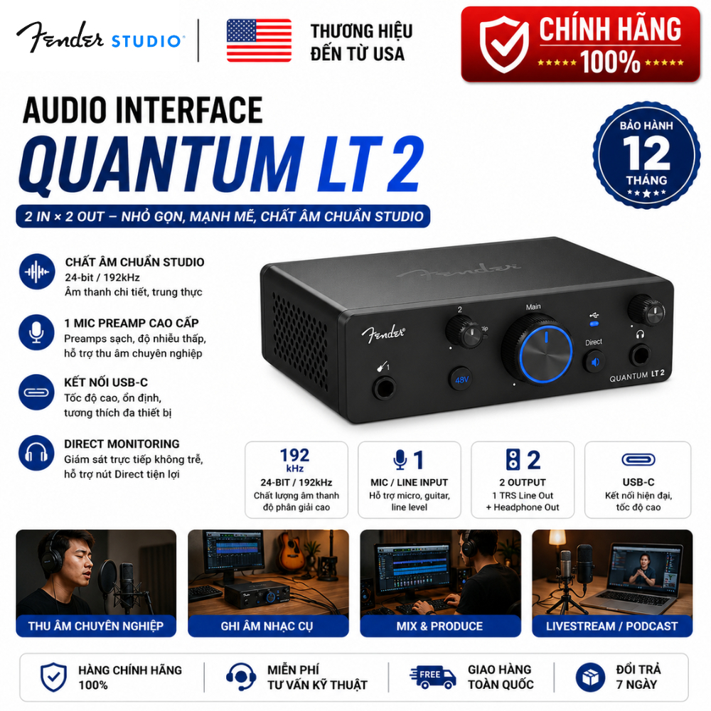 Audio Interface Fender Studio Quantum LT2 USB-C Sound Card Thu Âm Livestream Podcast Chính Hãng