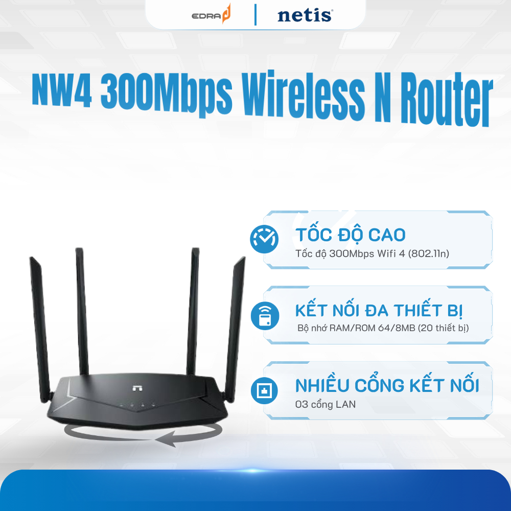 Bộ Phát WiFi 300Mbps Netis NW4 4 Anten 5dBi - Router WiFi Chuẩn N Phủ Sóng Xa, 3 Cổng LAN Chính Hãng