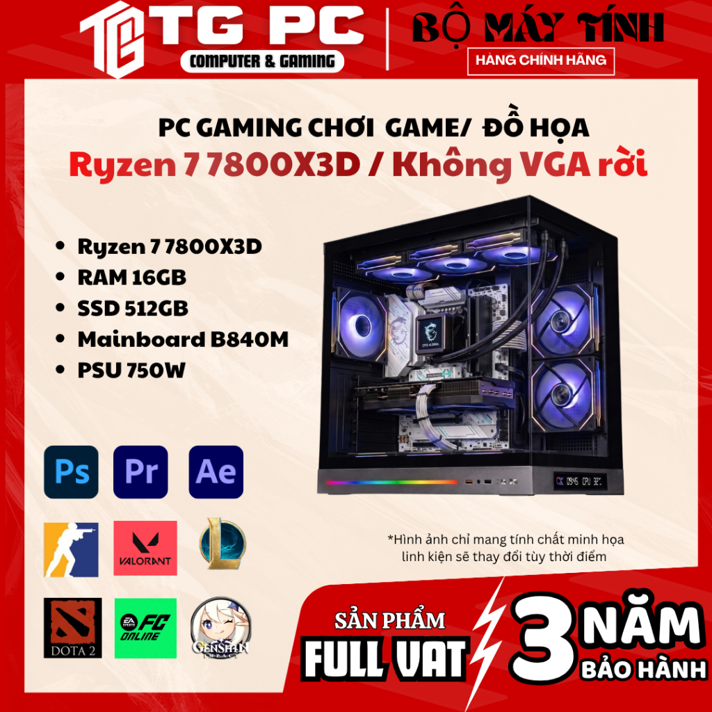 [FULL VAT] Bộ máy tính PC Gaming Ryzen 7 7800X3D + Không VGA rời + RAM 16GB - NEW CHÍNH HÃNG BẢO HÀN