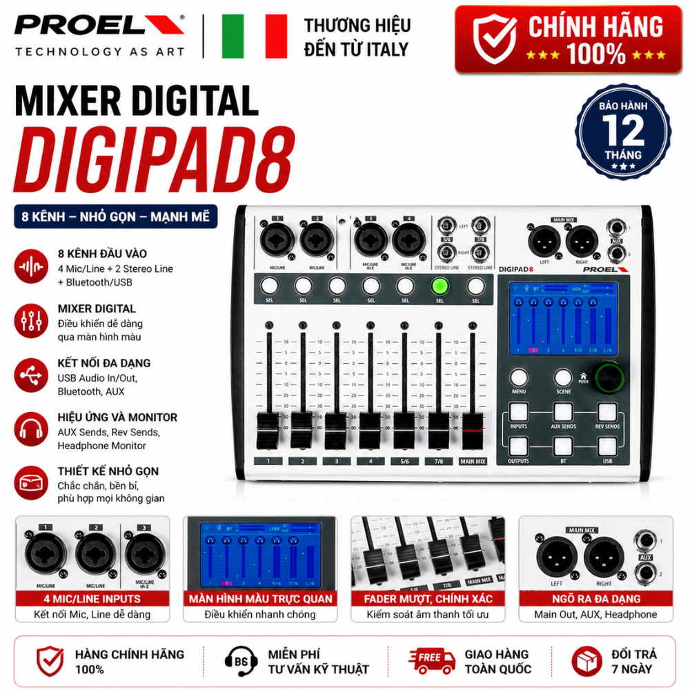 Mixer Digital Proel DIGIPAD8 8 Kênh Bluetooth USB DSP Mixer Thu Âm Livestream Karaoke Chính Hãng