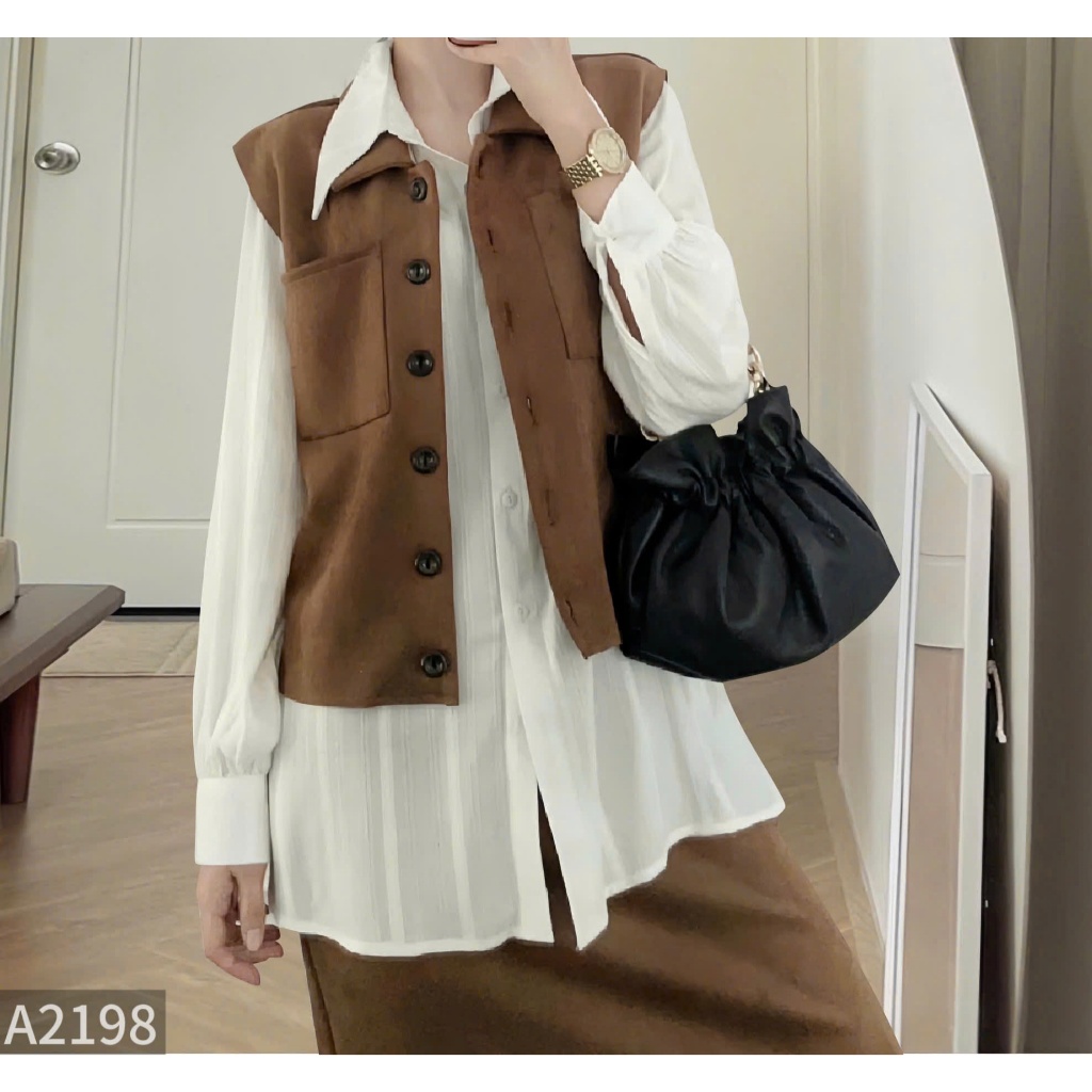 Set da lộn 3 món : áo gile + chân váy midi và áo sơ mi2 màu nâu A2198