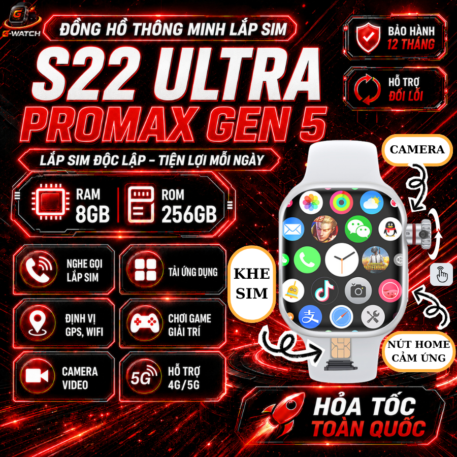Đồng Hồ Thông Minh S22 ULTRA PROMAX GEN 5, Phiên Bản Nâng Cấp S16, Ram 8GB ROM 256GB Nút Home Cảm Ứn