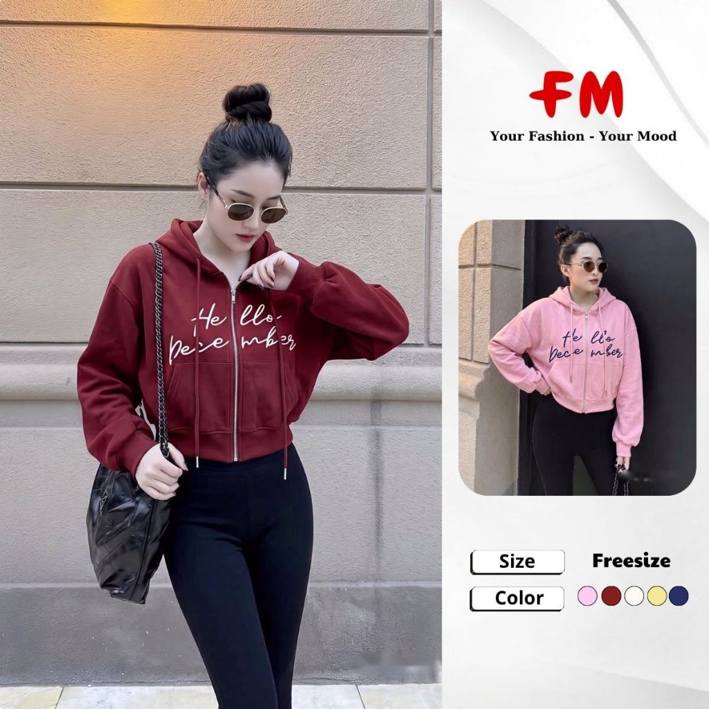 Áo Khoác Nỉ Nữ FMSTYLE Có Mũ Khóa Kéo In Chữ HELLO DECEMBER Form Croptop Tay Dài 26070692