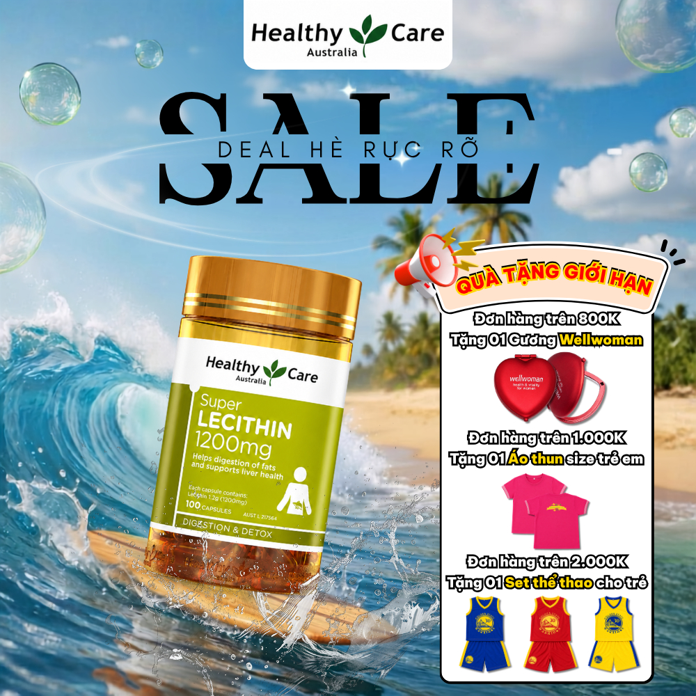[CHÍNH HÃNG] Mầm đậu nành Healthy Care Super Lecithin 1200mg 100 viên hàng chính hãng Úc giúp điều h