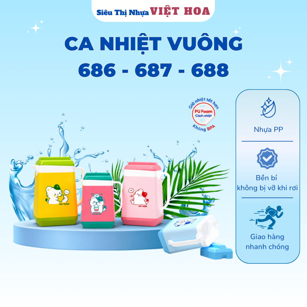 Ca Nhiệt 900ml - 1700ml - 2000ml, Ca Giữ Lạnh 686 - 687 - 688 Nhựa PP, Ca Nhiệt Vuông Hiệp Thành