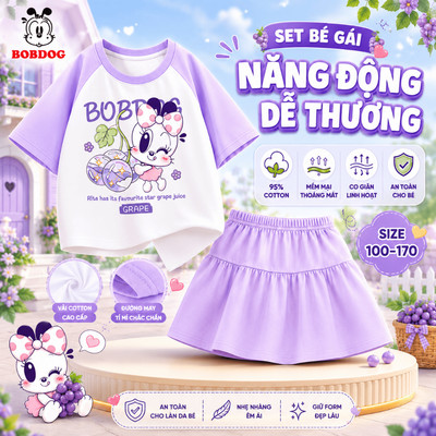 BOBDOG Set váy cho bé gái, áo phông phối với chân váy ngắn in hình cute cho bé mặc đi chơi đi học PV1