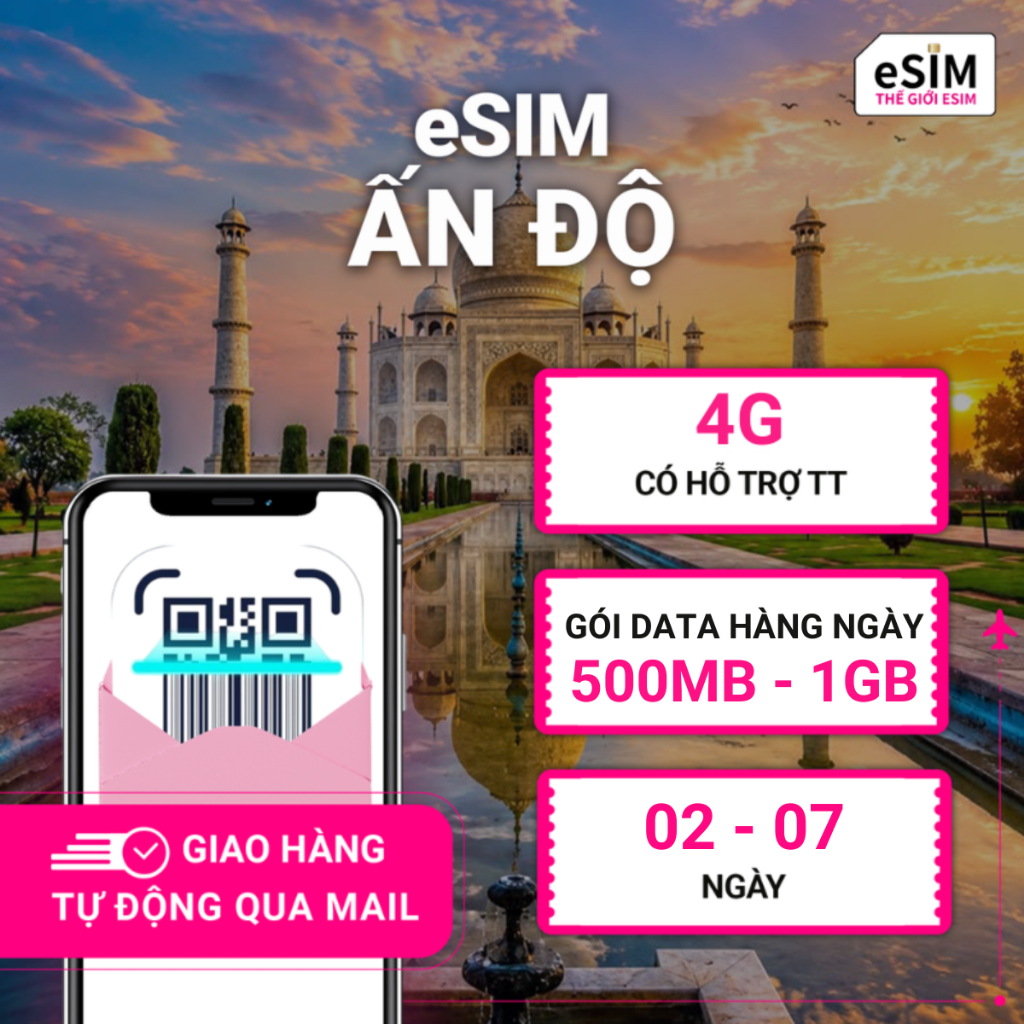 eSIM Ấn Độ, 4G, Gói Data hàng ngày 500MB - 1GB tốc độ cao, 02 - 07 ngày, Nhà mạng JIO