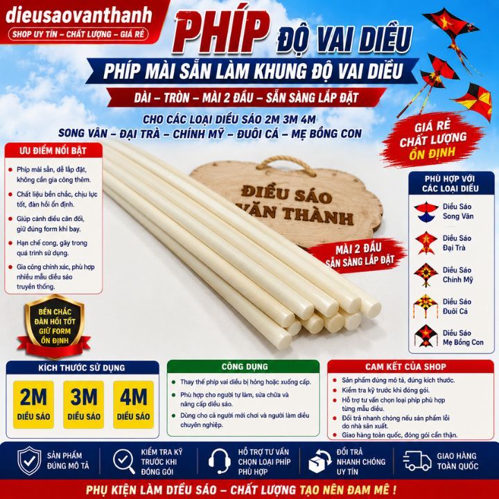 Phíp độ vai diều, phíp mài sẵn làm diều cho các loại diều sáo 2m 3m 4m Song Vân, Đại Trà, Đuôi Cá, M