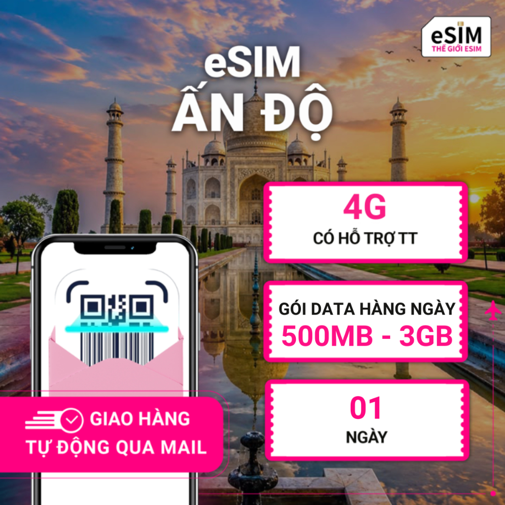 eSIM Ấn Độ, 4G, Gói Data hàng ngày 500MB - 3GB tốc độ cao, 01 ngày, Nhà mạng JIO