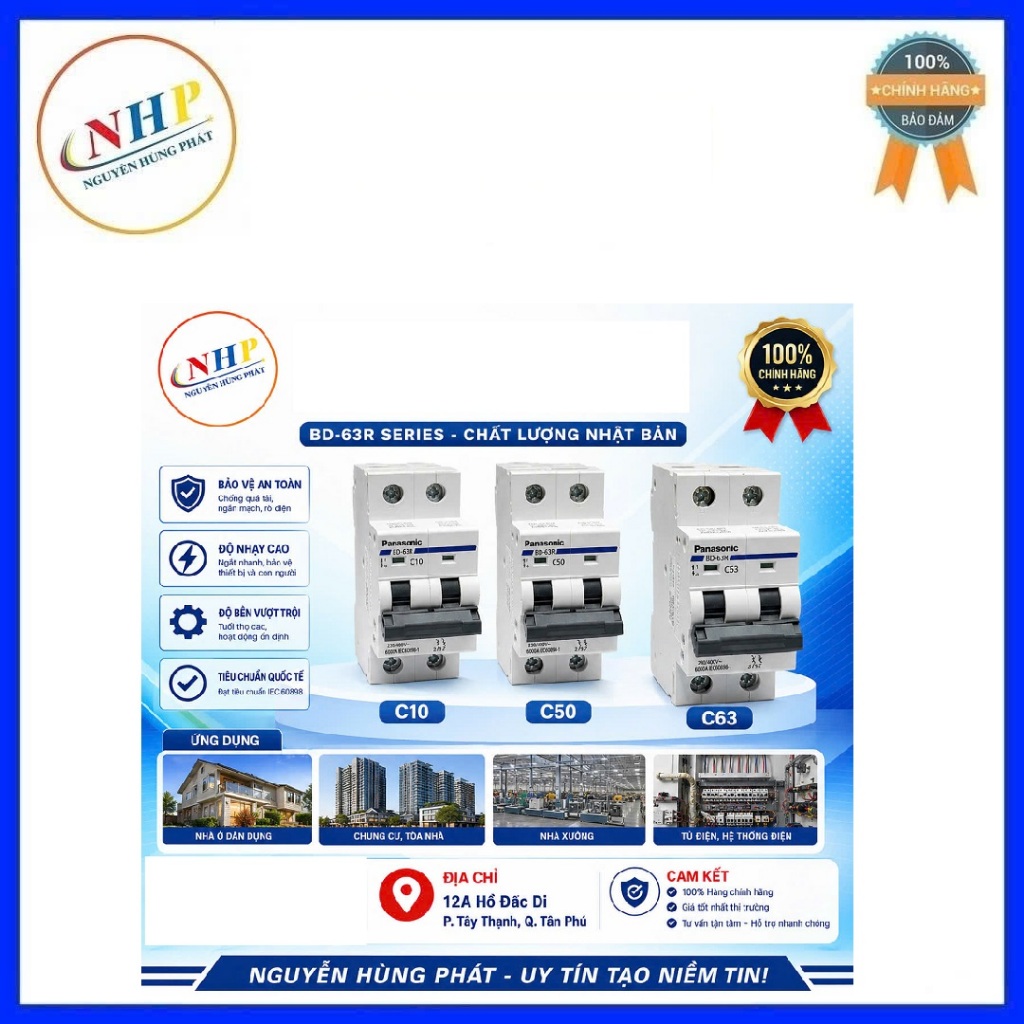 Cầu dao 2 tép MCB 2P 10A 16A....25A 50A 63A  Panasonic BBD2162CNV/BBD2322CNV/BBD2632CNV