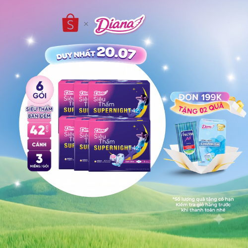 Bộ 6 gói băng vệ sinh ban đêm Diana siêu thấm Supernight 42cm 3 miếng/gói