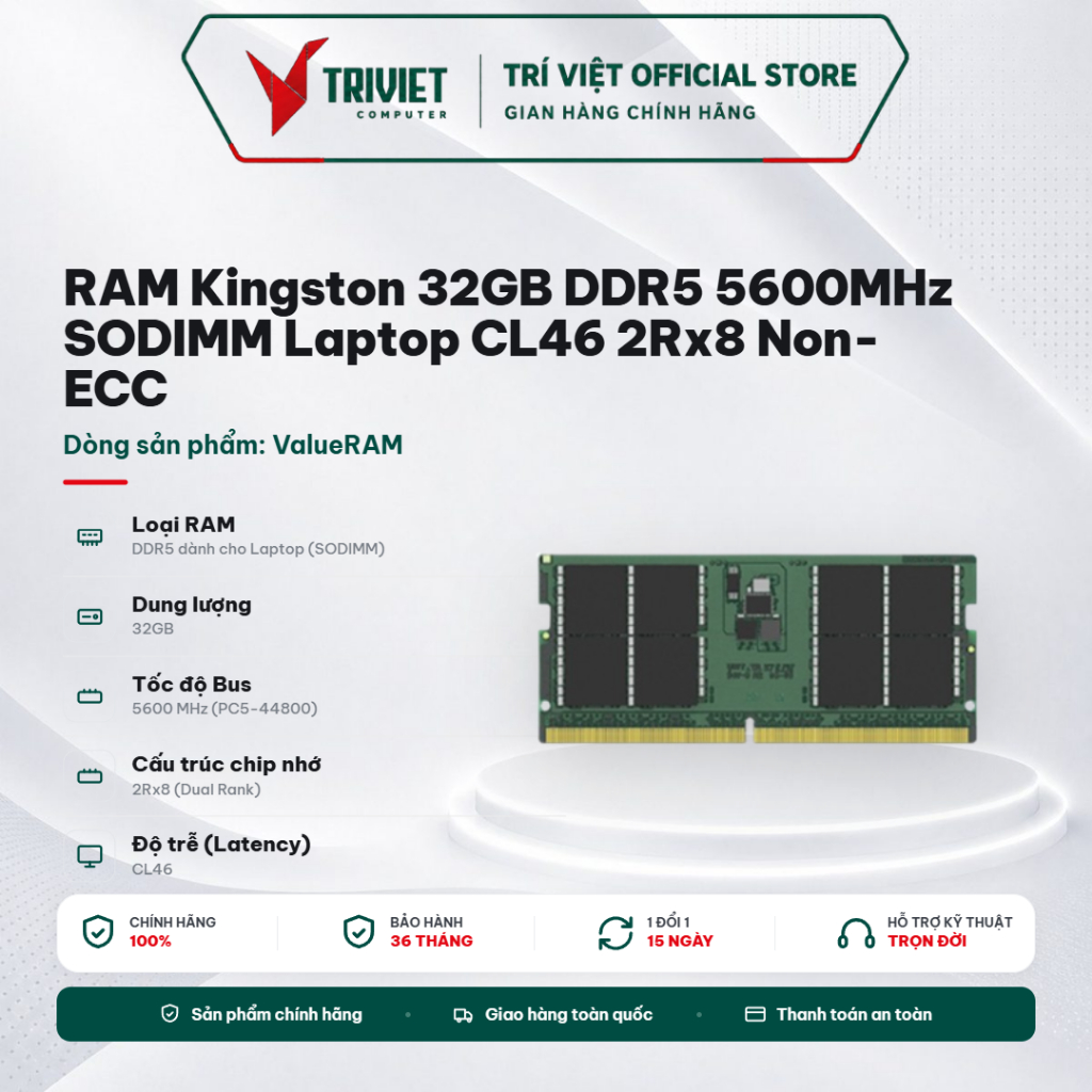 RAM Kingston 32GB DDR5 5600MHz SODIMM Laptop CL46 2Rx8 Non-ECC KVR56S46BD8-32 PC5-44800