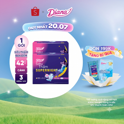 Bộ 2 gói băng vệ sinh ban đêm Diana siêu thấm Supernight 42cm 3 miếng/gói