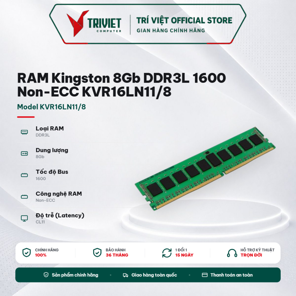 RAM Máy Tính Kingston 8GB DDR3L 1600MHz CL11 Desktop Non-ECC 2Rx8 1.35V KVR16LN11/8WP PC3L-12800