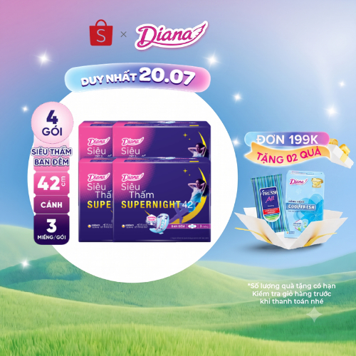 Bộ 4 gói băng vệ sinh ban đêm Diana siêu thấm Supernight 42cm 3 miếng/gói