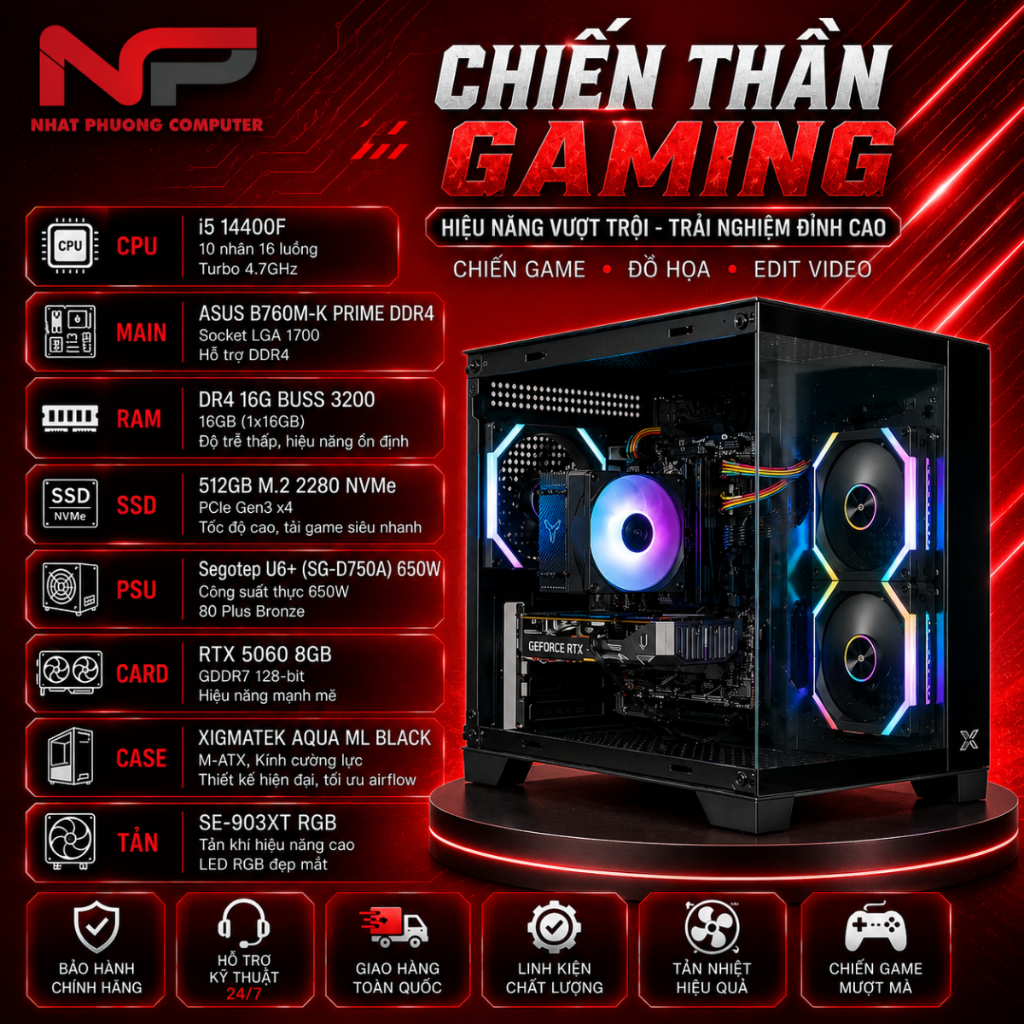 Bộ PC NPC-02 Gaming ( CORE I5-14400F | 16GB DDR4 | RTX 5060 8GB | SSD 512GB)