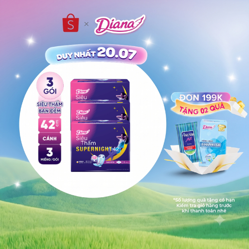 Bộ 3 gói băng vệ sinh ban đêm Diana siêu thấm Supernight 42cm 3 miếng/gói