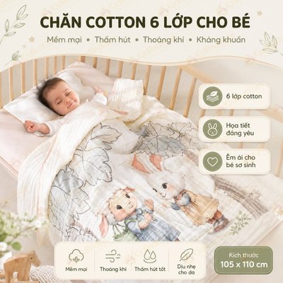 Chăn Sơi tre hoạ tiết hoạt hình in hình 5D 6 lớp xô nguyên chất KidAndMom mềm mại thấm hút 110*105cm