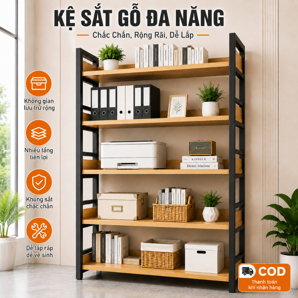 Bali Kệ Sách Kệ Để Đồ Nhiều Tầng Khung Sắt MDF Có Rào Chắn Cho Phòng Khách Văn Phòng | BigBuy360 - bigbuy360.vn