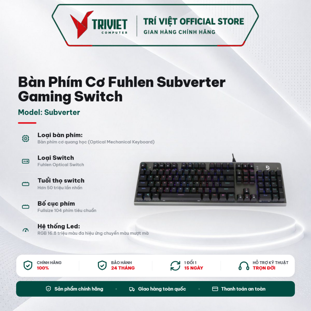 Bàn Phím Cơ Fuhlen Subverter Gaming Switch Quang Học Bất Tử Chống Liệt Phím, Chống Nước, LED RGB 16.