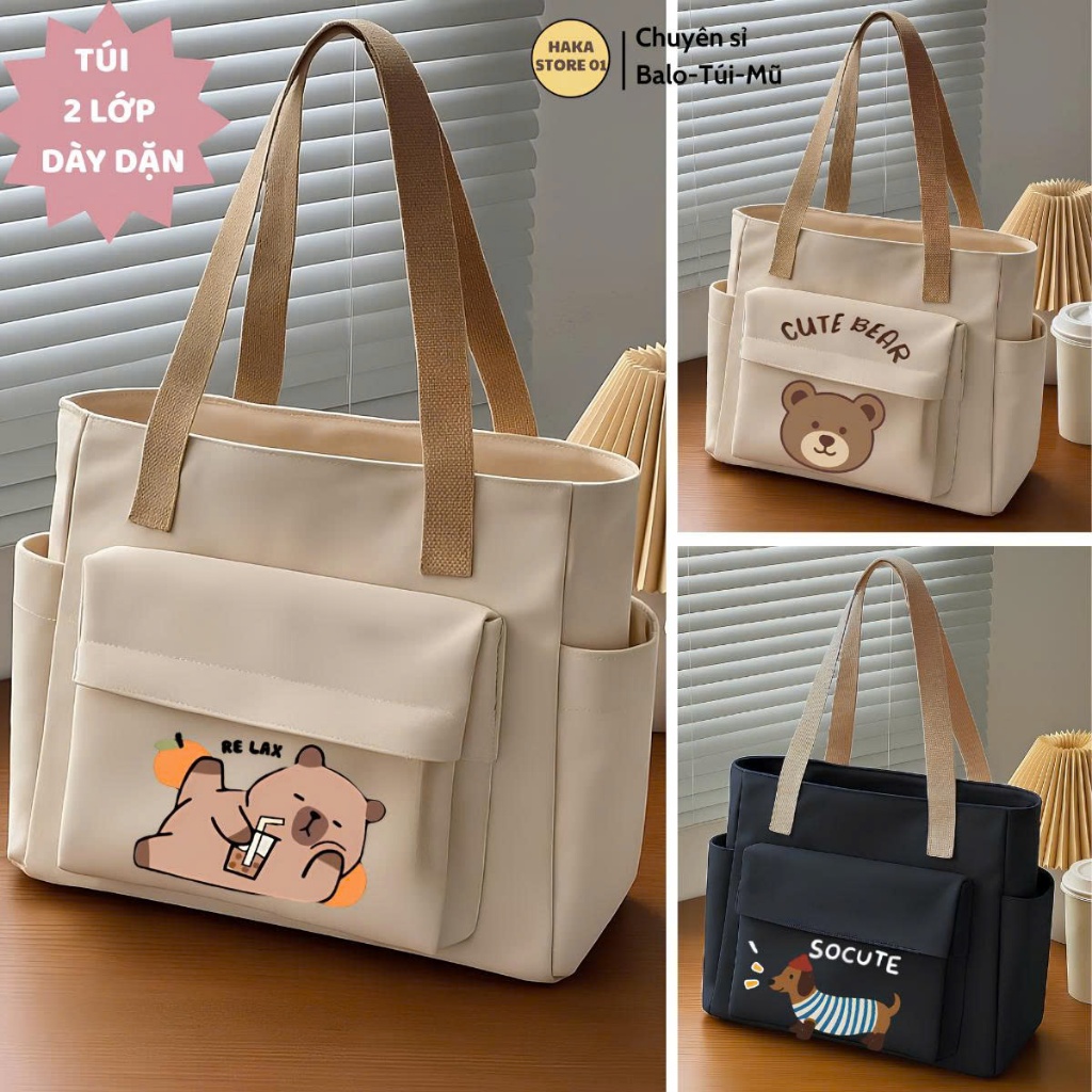 Túi tote 2 lớp vải canvas đựng đồ đi học cỡ lớn đựng vừa laptop phong cách ulzzang giá rẻ