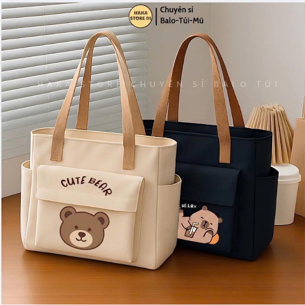 Túi tote 2 lớp dày dặn túi vải canvas có ngăn phụ túi đeo vai đi học đi chơi thời trang Hàn Quốc đựng vừa khổ A4 laptop