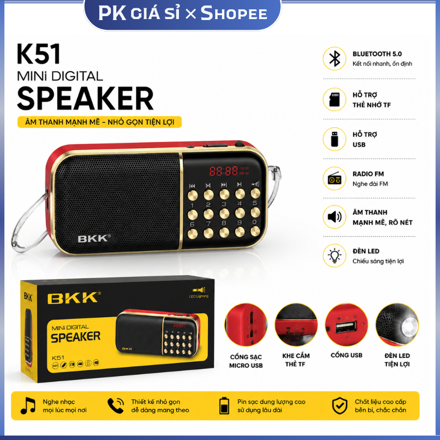 Loa radio mini BKK K51 nghe đài, nghe nhạc, nghe kinh phật - có đèn pin cực sáng