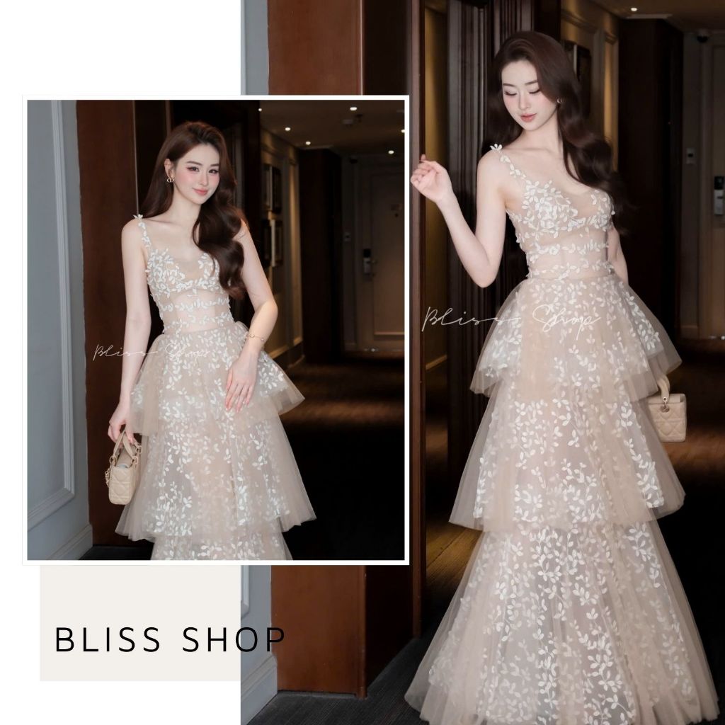 [Thiết Kế Cao Cấp] Đầm Váy Maxi 2 Dây Ren Lá Phối Tầng Dự Tiệc Sang Trọng Bliss Shop - V917