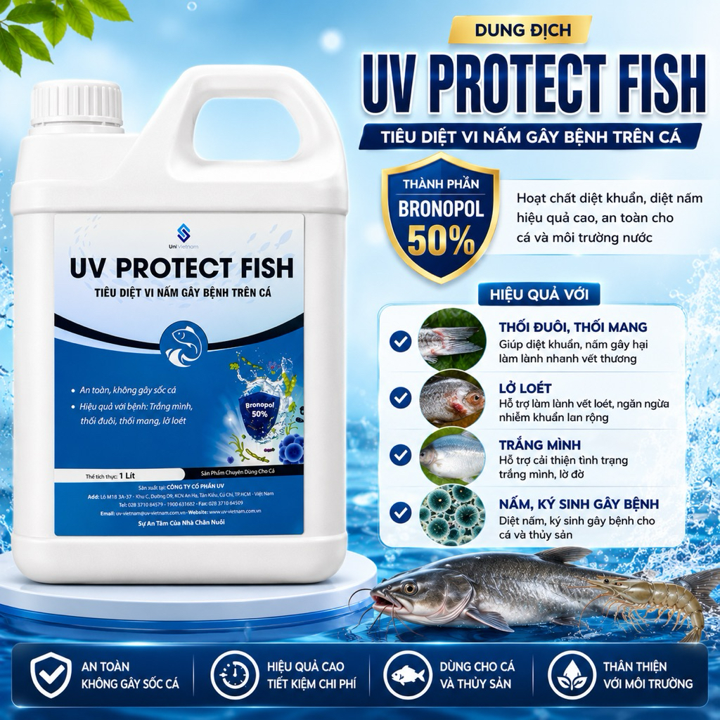 UV PROTECT FISH bình 1 lít (bronopol 50%) tạt ao xử lý nấm, ký sinh, mầm bệnh gây hại cá, ếch, lươn.