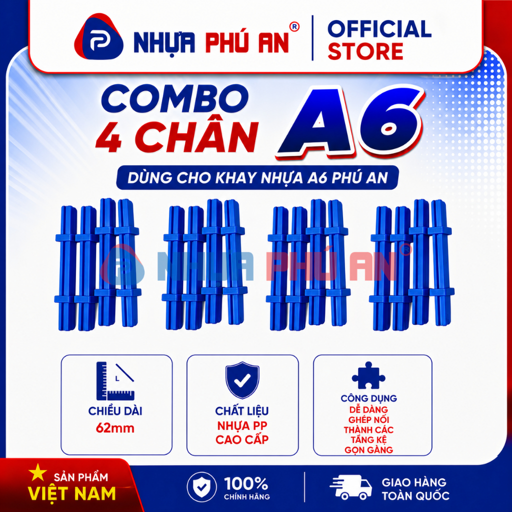 Combo Chân A6 nhựa Phú An (4 chân) dành cho Khay nhựa A6 Nhựa Phú An - Kt khay 240 x 155 x 125
