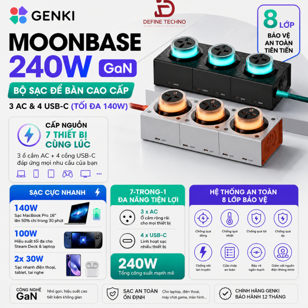 Ổ Cắm Đa Năng Genki Moonbase 7-in-1 GaN 240W USB-C + 4000W AC, LED Nhiều Màu Sắc