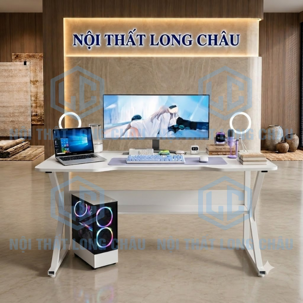 [2 Thanh Trợ Lực] Bàn Gaming chữ K cong, bàn làm việc, bàn chơi game, bàn học tập, có lỗ luồn,1m2 NỘ