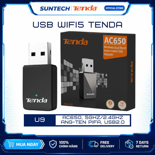 USB Thu Wifi Tenda U9 Chuẩn AC650 Wifi 5 Băng Tần Kép 5GHz Thiết Kế Mini Siêu Gọn Cho Máy Tính PC La