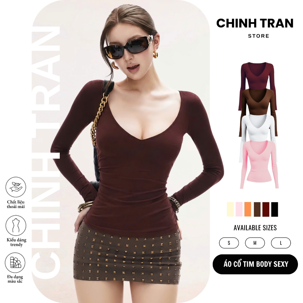 Áo Thun Cổ Tim Khoét Sâu Dài Tay Sexy Form Ôm Body Trơn Basic