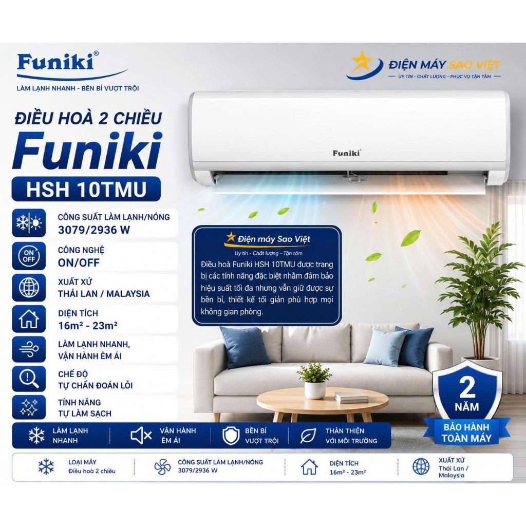 Điều Hòa Funiki 2 Chiều HSH10TMU 10000BTU Gas R32 Chính Hãng | Làm Lạnh & Sưởi Ấm