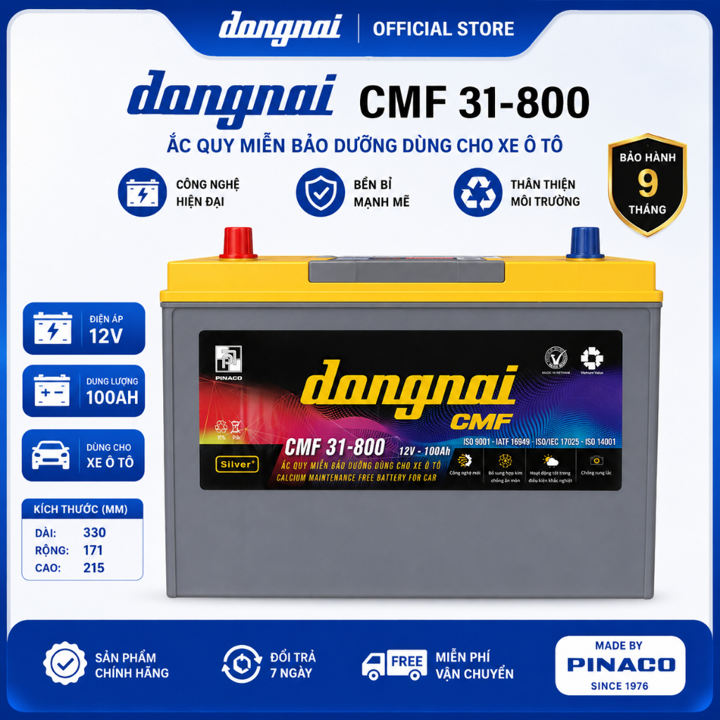 Ắc Quy Xe Tải đồng nai 31800 100Ah 12V Khô Miễn Bảo Dưỡng Chính Hãng Bảo Hành 9 Tháng sài cho xe tải