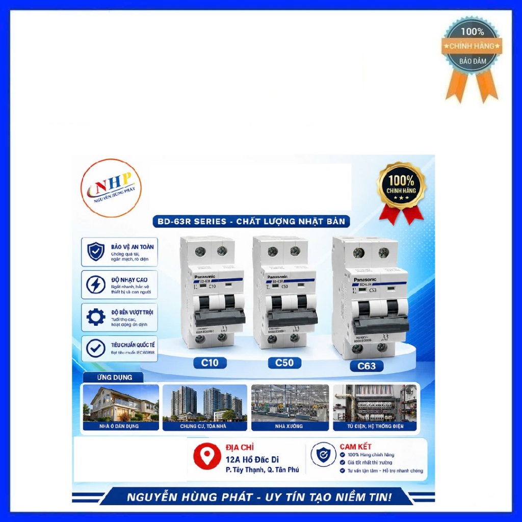 Cầu dao 2 tép MCB 2P 10A 16A....25A 50A 63A  Panasonic BBD2162CNV/BBD2322CNV/BBD2632CNV