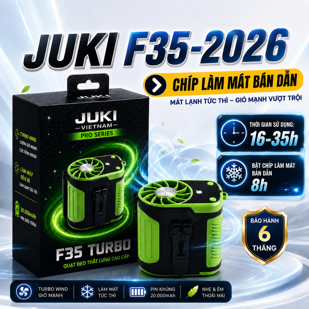Quạt Mini Đeo Thắt Lưng JUKI TURBO F35 + Làm lạnh bán dẫn mới ra 2026, Quạt Khoẻ Pin Trâu