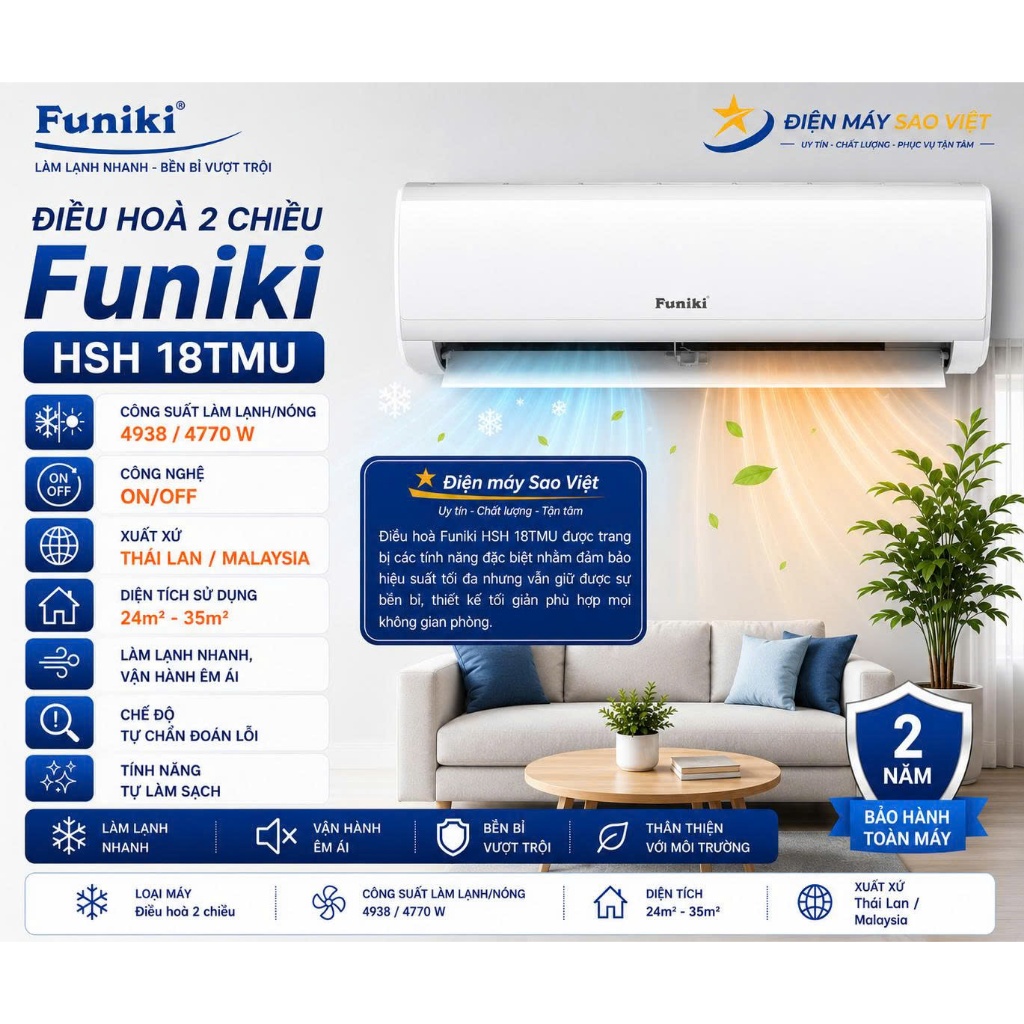 Điều Hòa Funiki 2 Chiều HSH18TMU 18000BTU Gas R32 Chính Hãng | Làm Lạnh & Sưởi Ấm