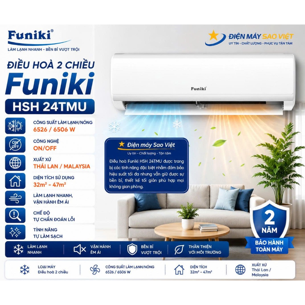 Điều Hòa Funiki 2 Chiều HSH24TMU 24000BTU Gas R32 Chính Hãng | Làm Lạnh & Sưởi Ấm
