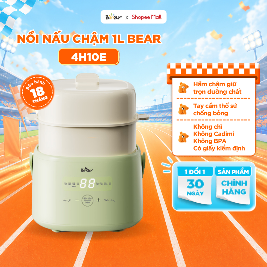 [KOL] Nồi Nấu Cháo Chậm BEAR 1.0L Có Xửng Hấp SC-4H10E