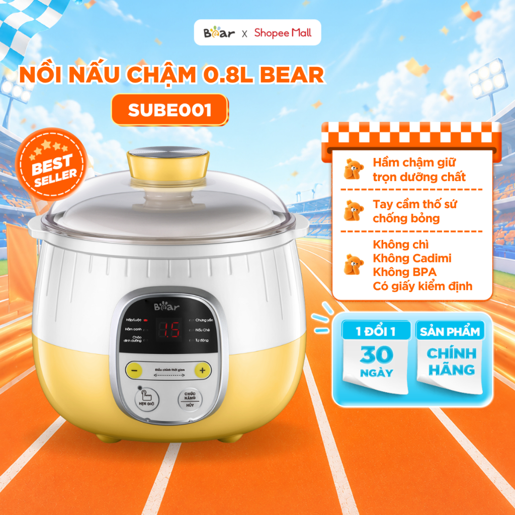 Nồi Nấu Chậm BEAR 0.8L, Nồi Nấu Cháo Chậm Cách Thuỷ Cho Bé Kèm Xửng Hầm Ninh Chưng Yến Giữ Trọn Chất Dinh Dưỡng SUBE001