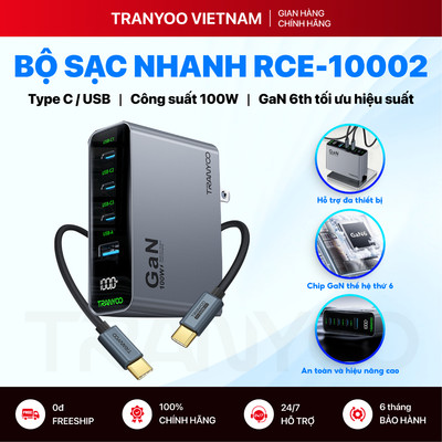Bộ Sạc Nhanh TRANYOO RCE-10002 3 Cổng Type C 1 USB Sạc Nhanh PD Công Nghệ GaN Công Suất Lên Đến 100W