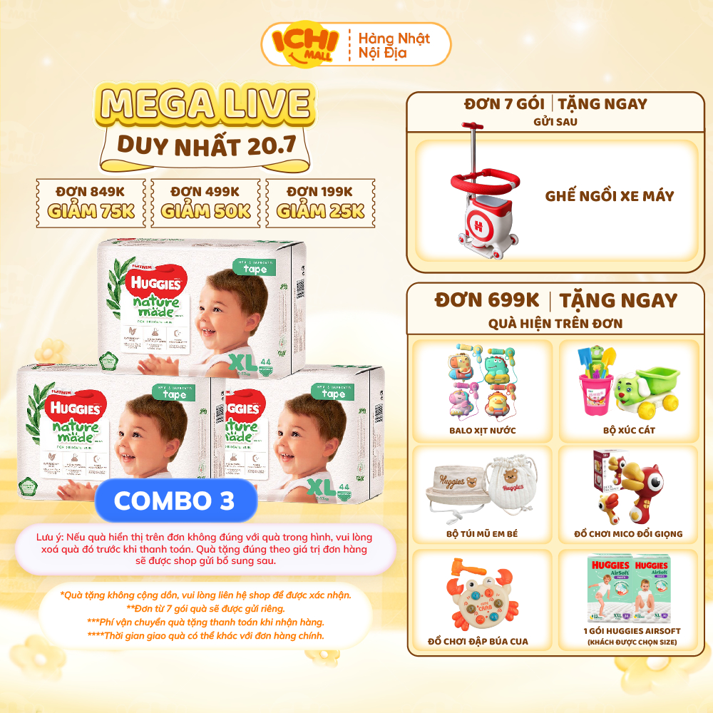 [MUA 3 TẶNG QUÀ] Combo 3 gói Tã bỉm dán/quần HUGGIES PLATIUM NATURE MADE size M58/L44/XL 38/XXL26/S8