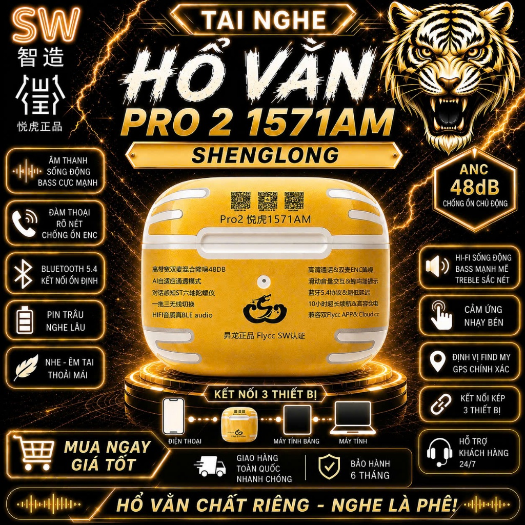 Tai Nghe Bluetooth Pro 2 1571AM Hổ Vằn SW - Chống Ồn 48dB - Xuyên Âm - Pin 10H