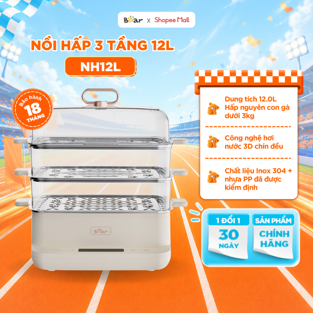 Nồi Hấp Bear 12L 3 Tầng Nồi Hấp Điện Nồi Hấp Xôi Hấp Cá Nguyên Con Hấp Bánh Bao SB-NH12L
