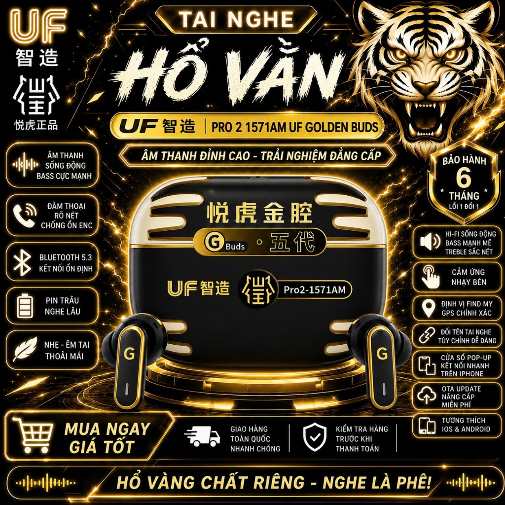 [ Pro 2 1571AM ] Tai Nghe Hổ Vằn Pro 2 1571AM Golden Buds UF – ANC 48dB Pin 10H - Cao Cấp 2026