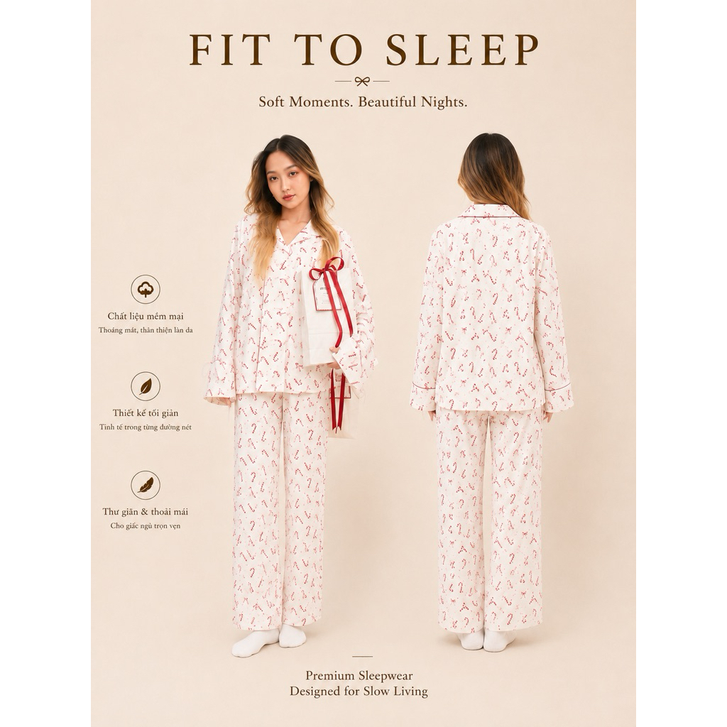 Set Đồ Ngủ Pijamas Dài Tay - Fit to sleep - Bow Cane Pijamas - Lụa Sữa Co Giãn - Họa Tiết Màu Trắng